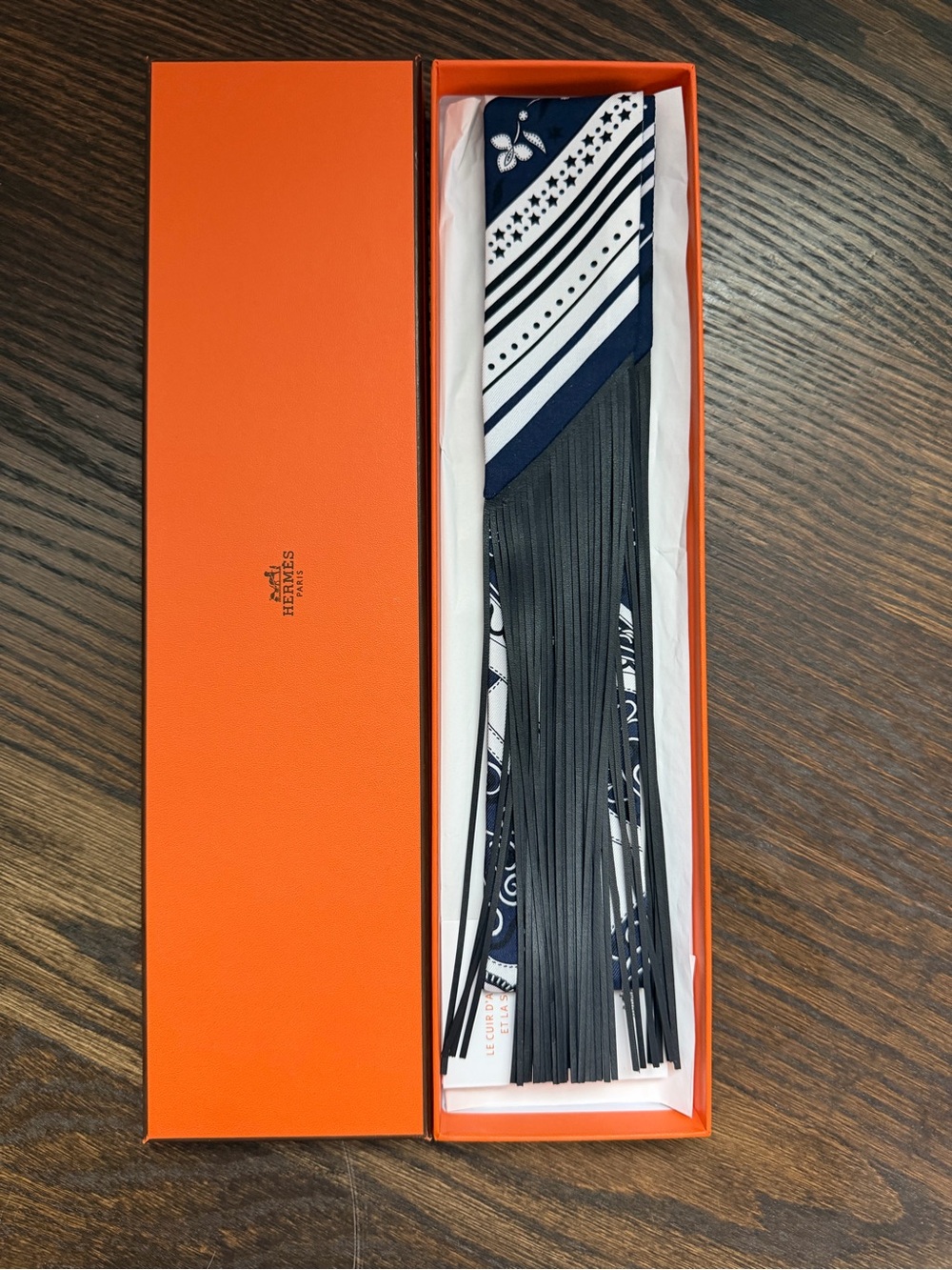 Hermes Navy & White Silk Leather Fringe Twilly Scarf Festival Des Amazones